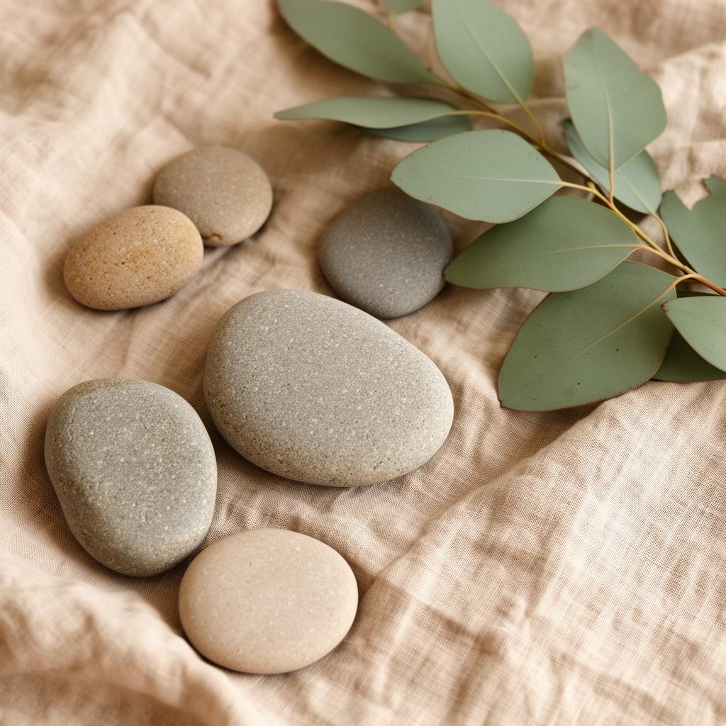 Galets et eucalyptus sur lin